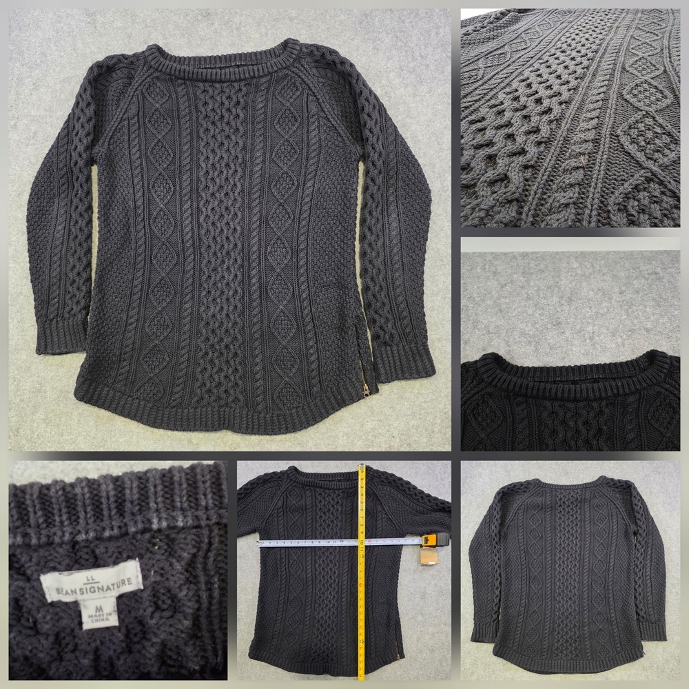LL Bean Signature Fisherman Tunic Sweater Womens Medium Gray Cotton Cable Knit